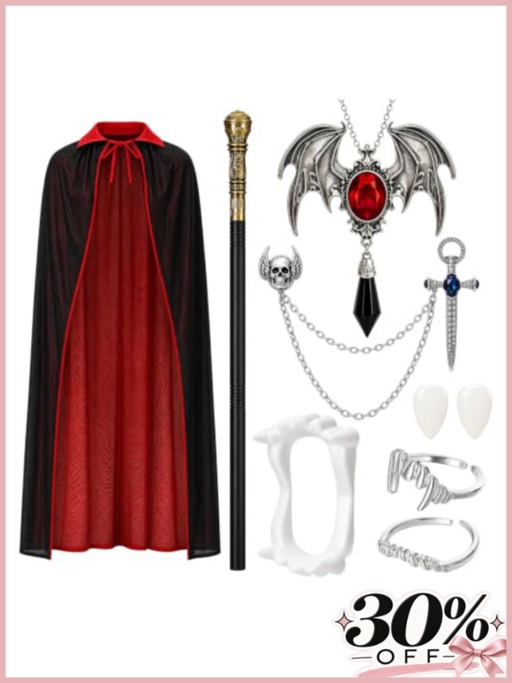 Adult Vampire Costume Set Hooded Cape Fangs Cosplay Halloween